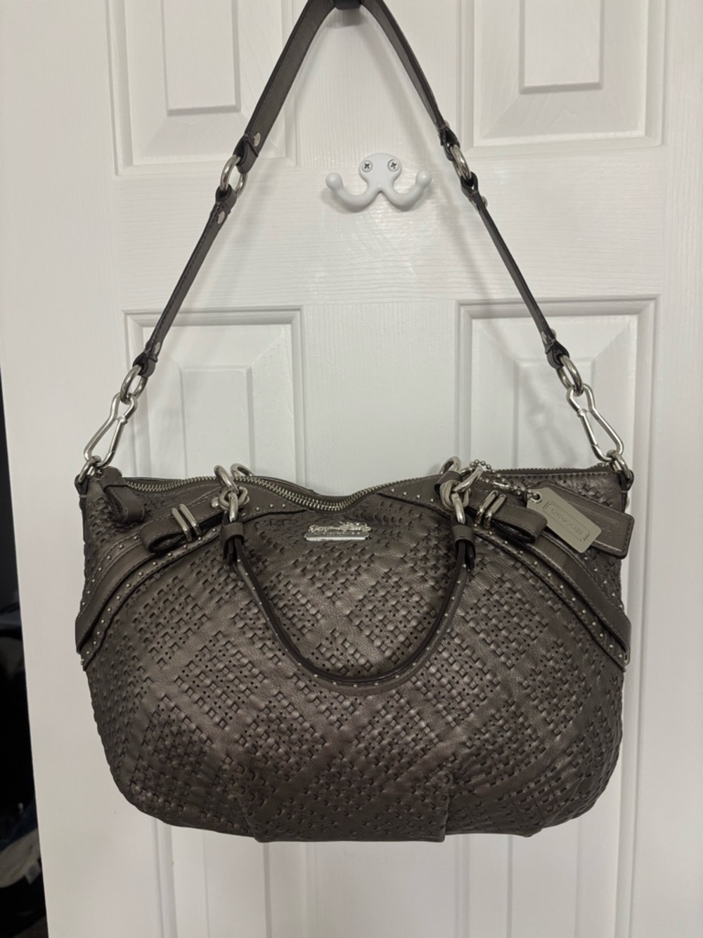 Coach Woven Leather Shoulder Bag - Dark Gray